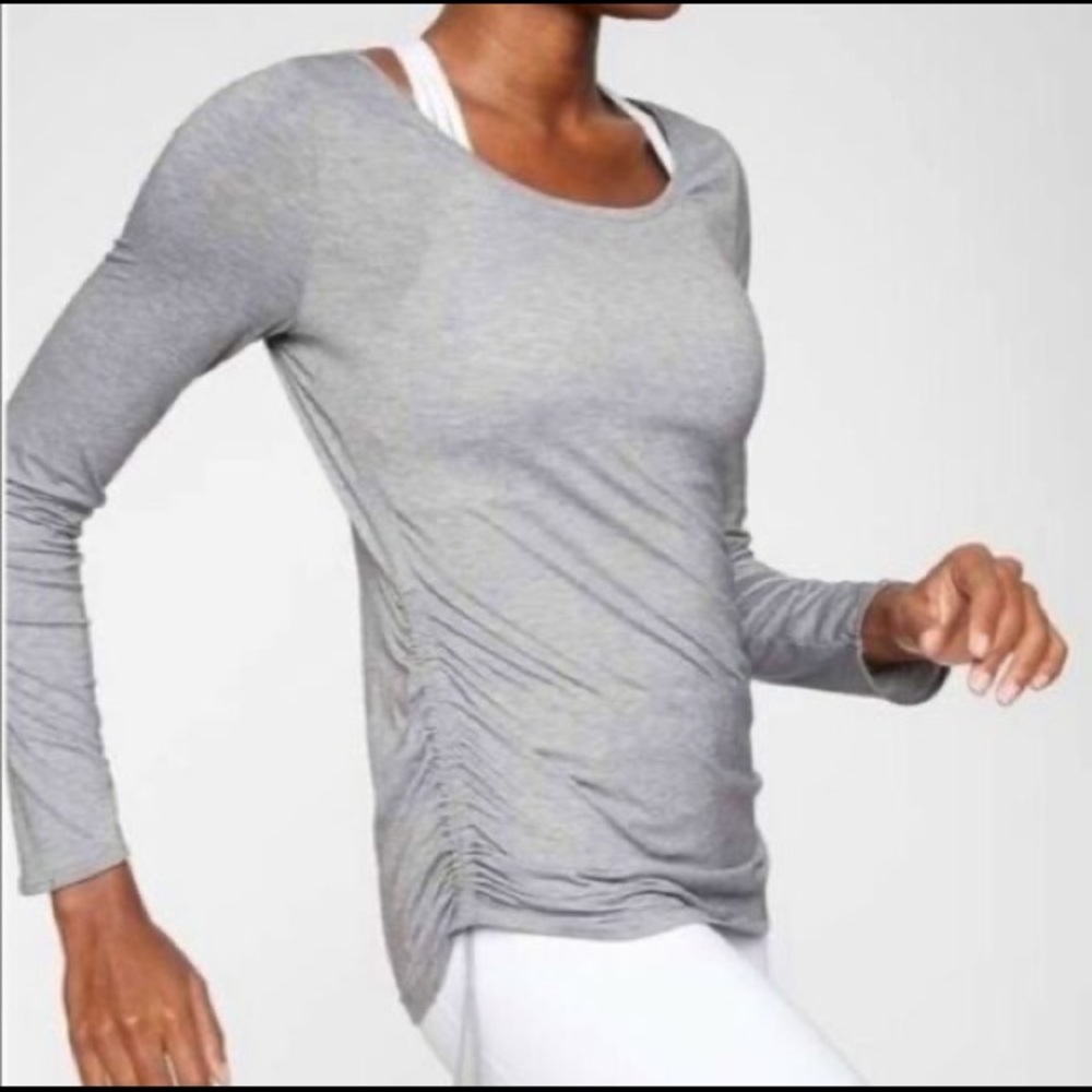 Athleta Cinch side tie long sleeve grey knit shirt scoop neck